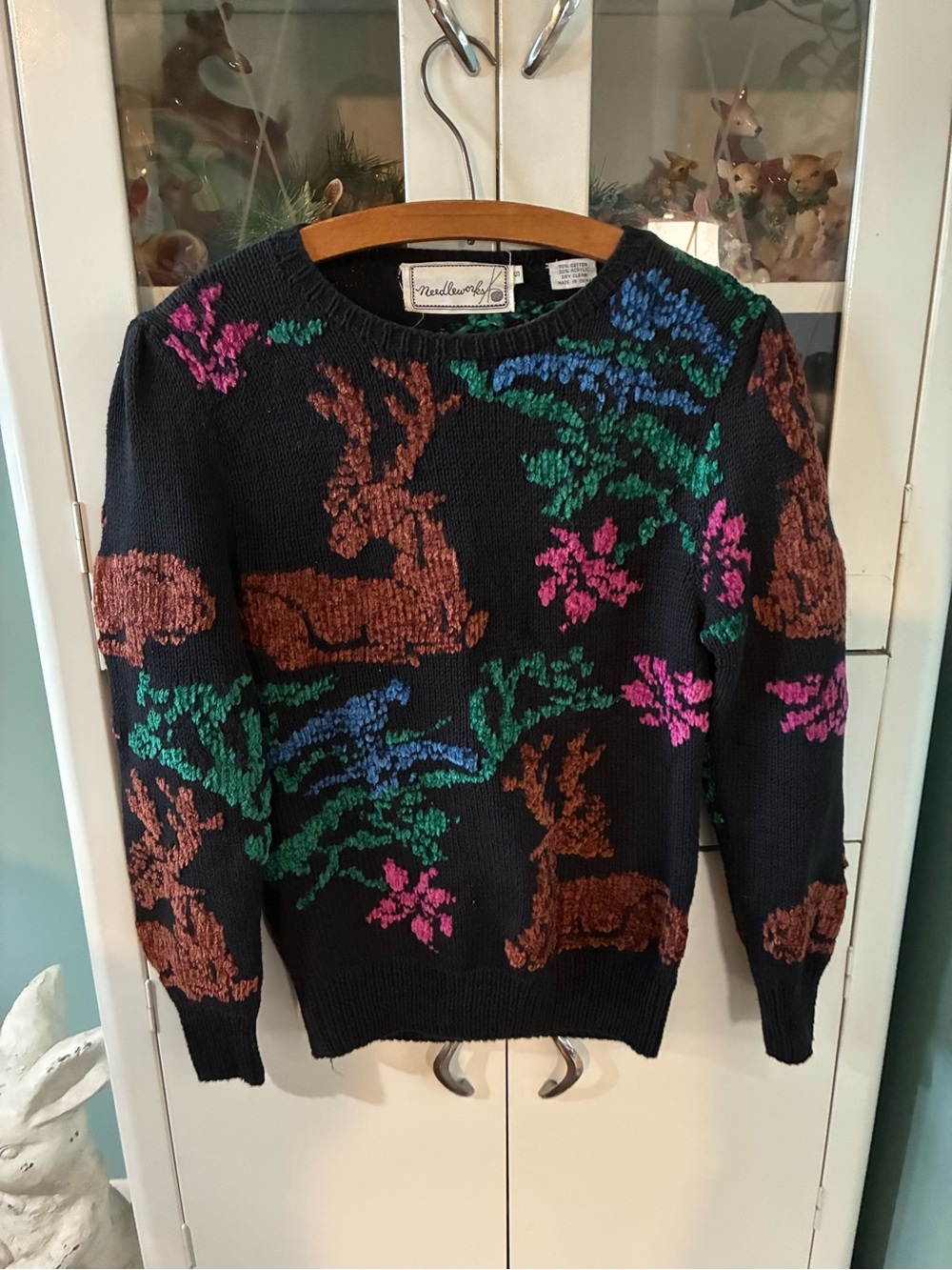 Needleworks sz S Vintage Black Deer Pattern Crewneck Sweater euc